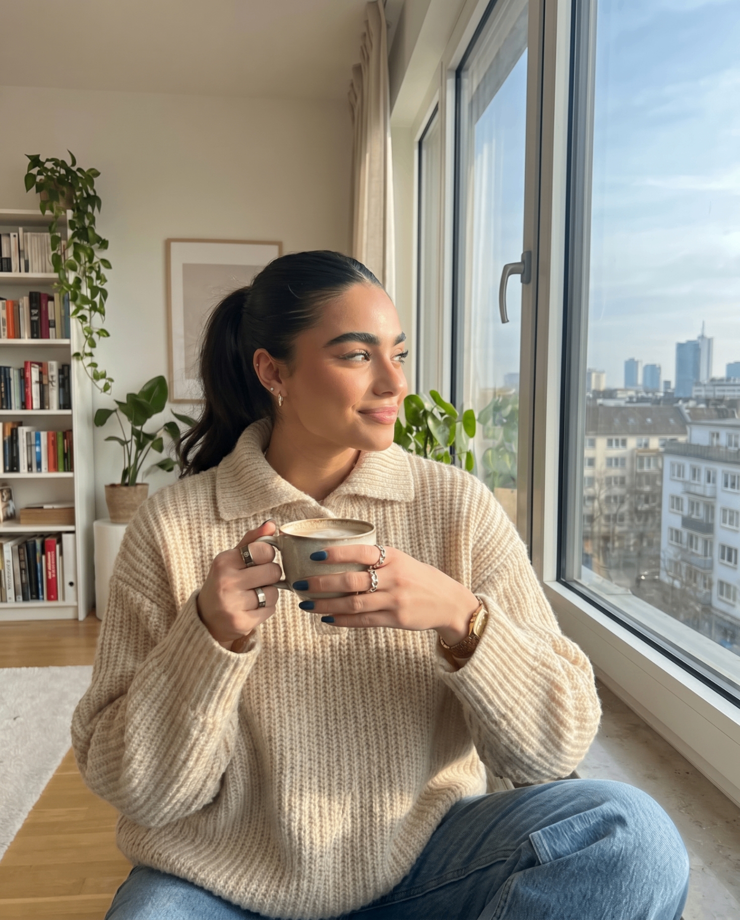 A person sitting calmly by a sunlit window with a notebook and coffee